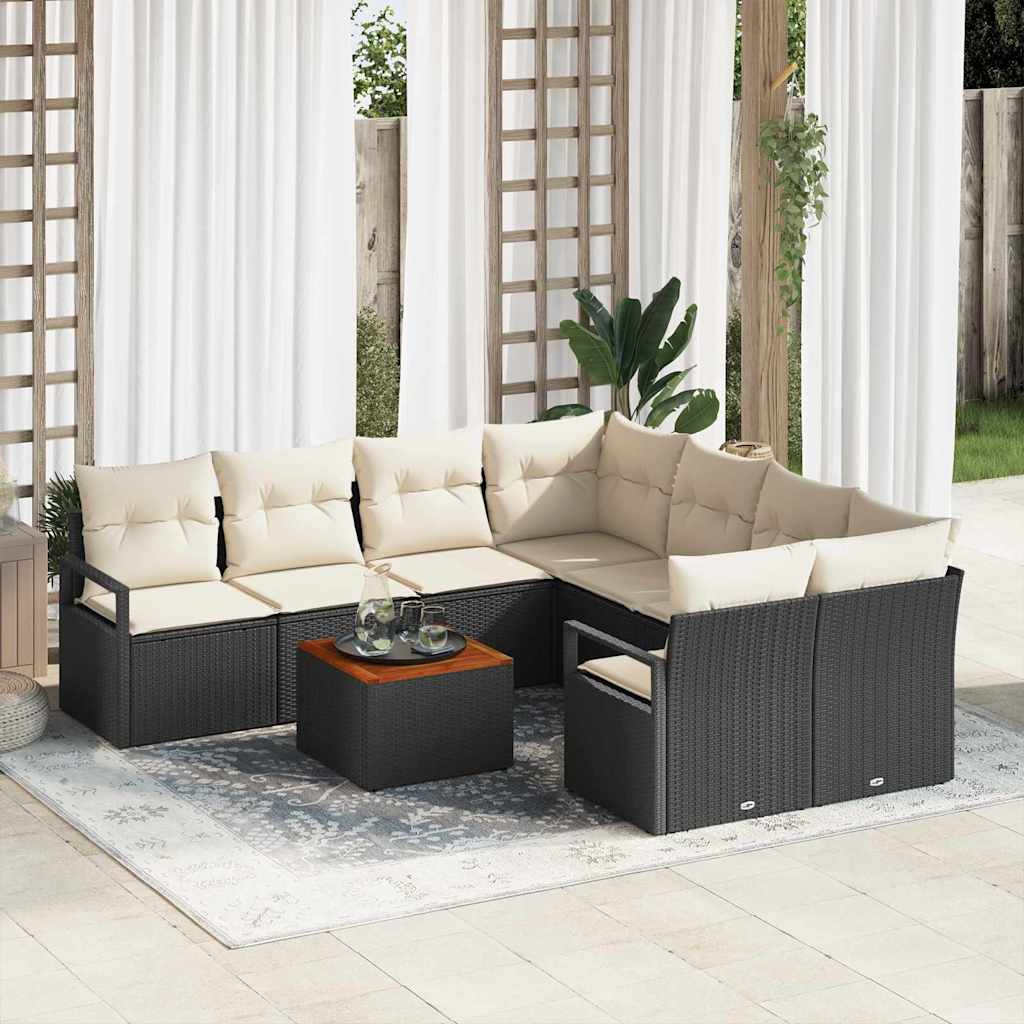 Garten-Sofa-Set mit Kissen 9 pcs Schwarz Poly Rattan