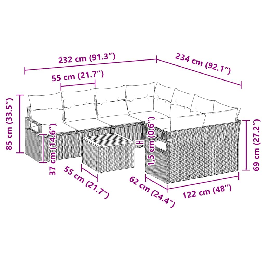 Garten-Sofa-Set mit Kissen 9 pcs Schwarz Poly Rattan