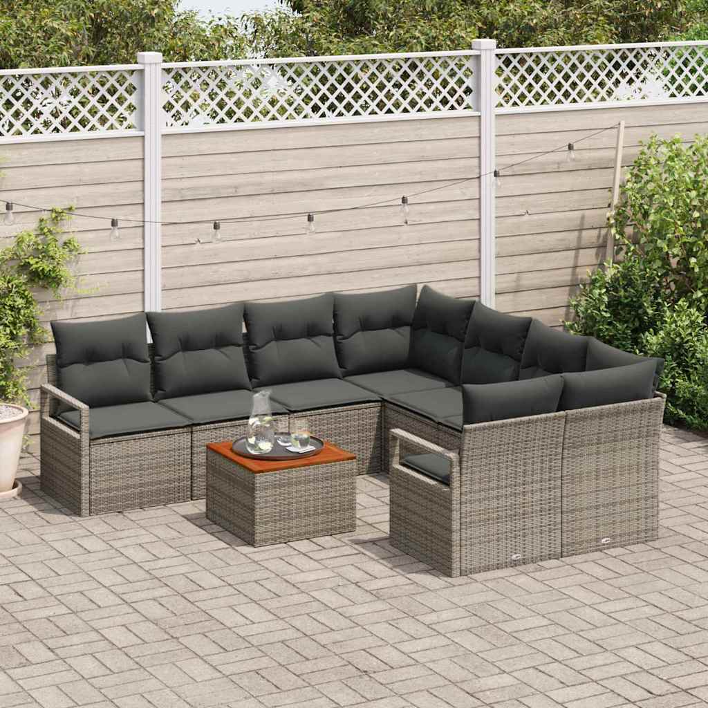 Garten-Sofa-Set mit Kissen 9 pcs Grau Poly Rattan