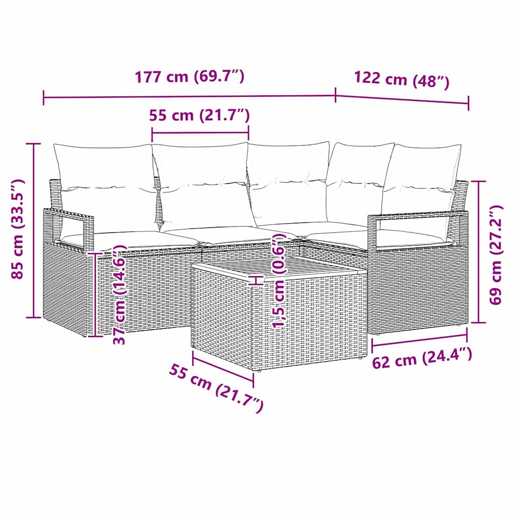 Garten-Sofa-Set mit Kissen 5 pcs Beige Poly Rattan