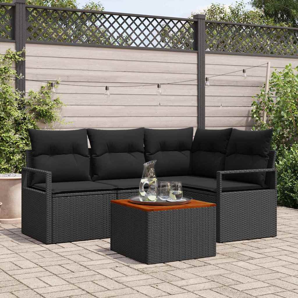 Garten-Sofa-Set mit Kissen 5 pcs Schwarz Poly Rattan