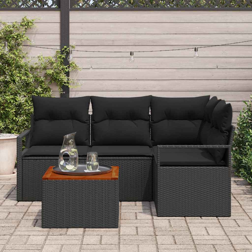 Garten-Sofa-Set mit Kissen 5 pcs Schwarz Poly Rattan