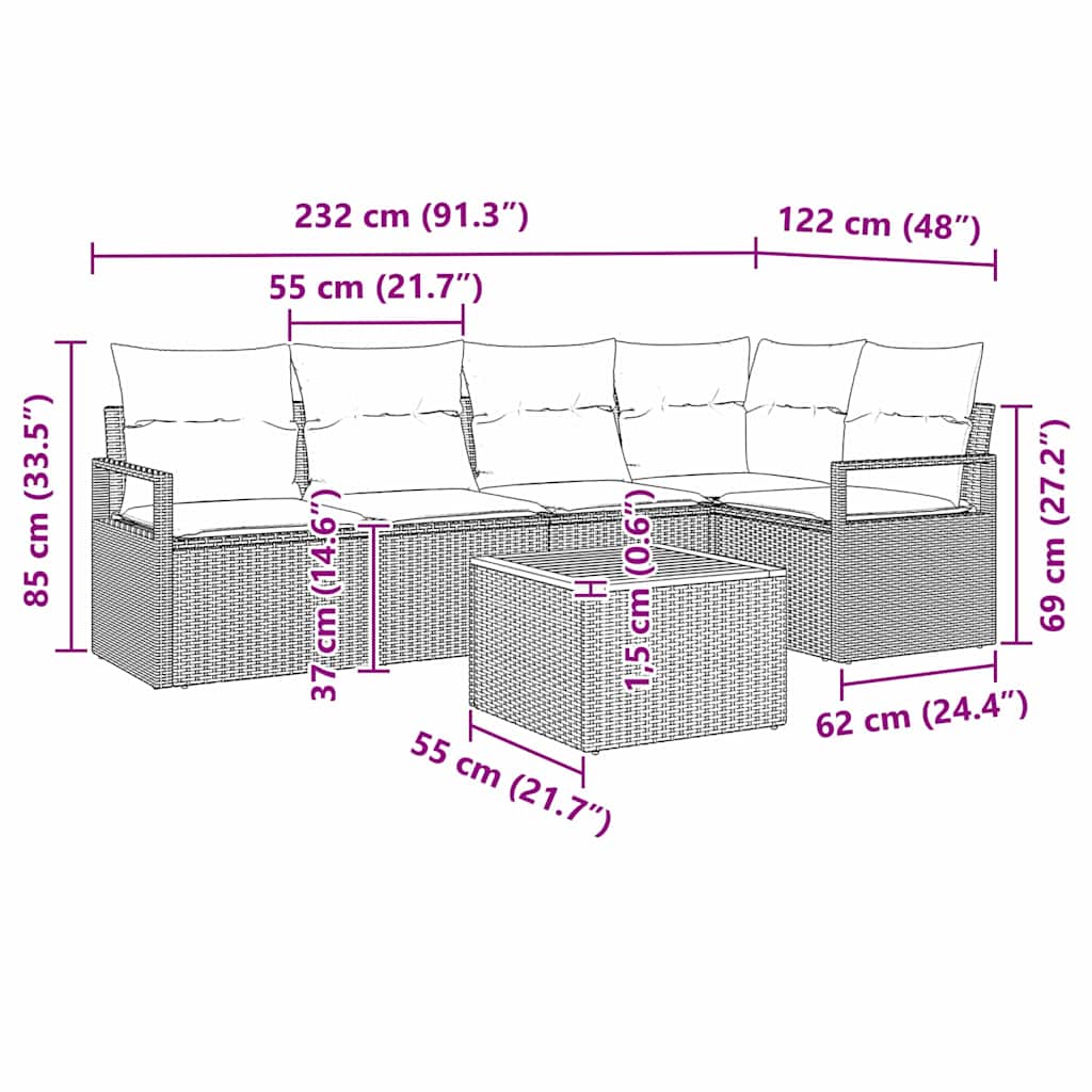 Garten-Sofa-Set mit Kissen 6 pcs Schwarz Poly Rattan