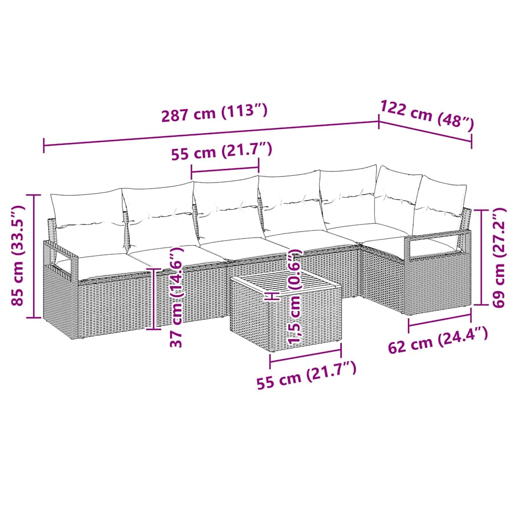 Garten-Sofa-Set mit Kissen 7 pcs Schwarz Poly Rattan