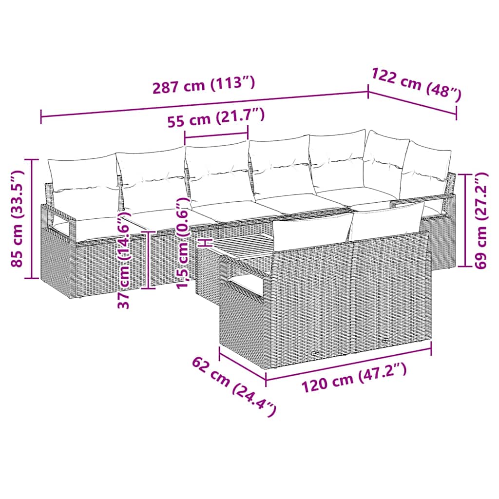 Garten-Sofa-Set mit Kissen 9 pcs Schwarz Poly Rattan