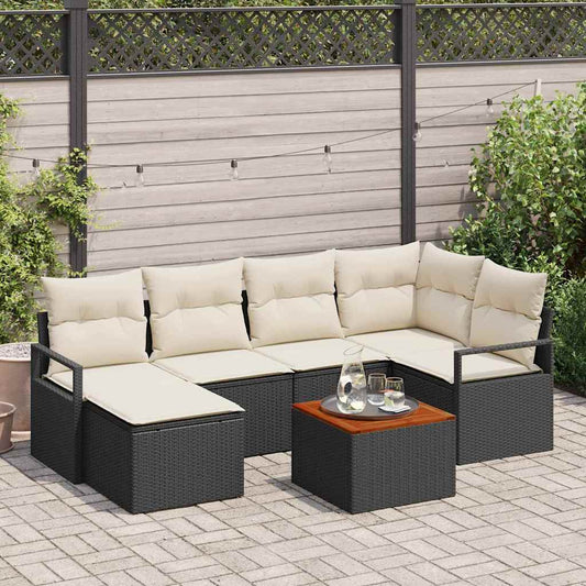 Garten-Sofa-Set mit Kissen 7 pcs Schwarz Poly Rattan