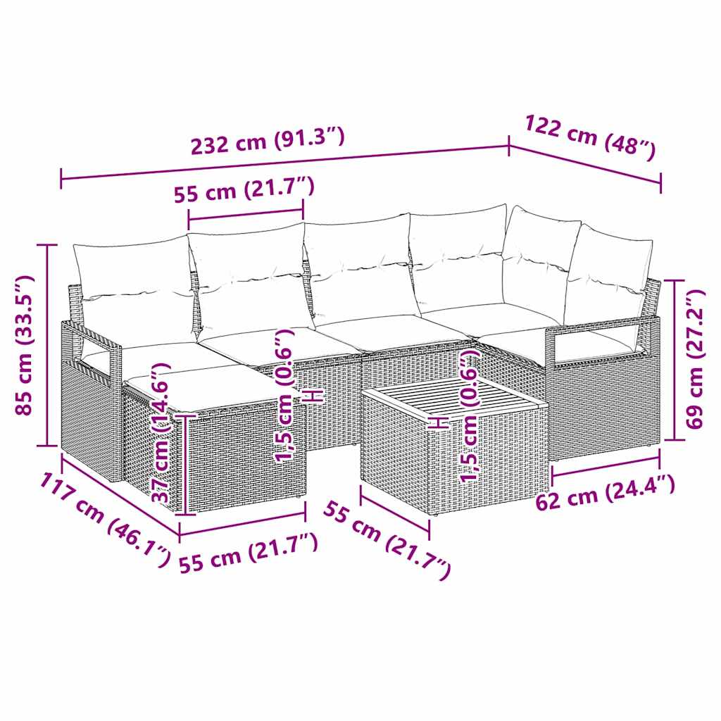 Garten-Sofa-Set mit Kissen 7 pcs Grau Poly Rattan