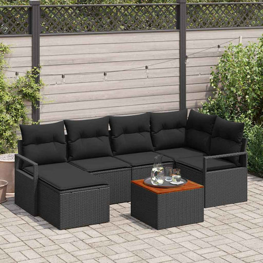 Garten-Sofa-Set mit Kissen 7 pcs Schwarz Poly Rattan