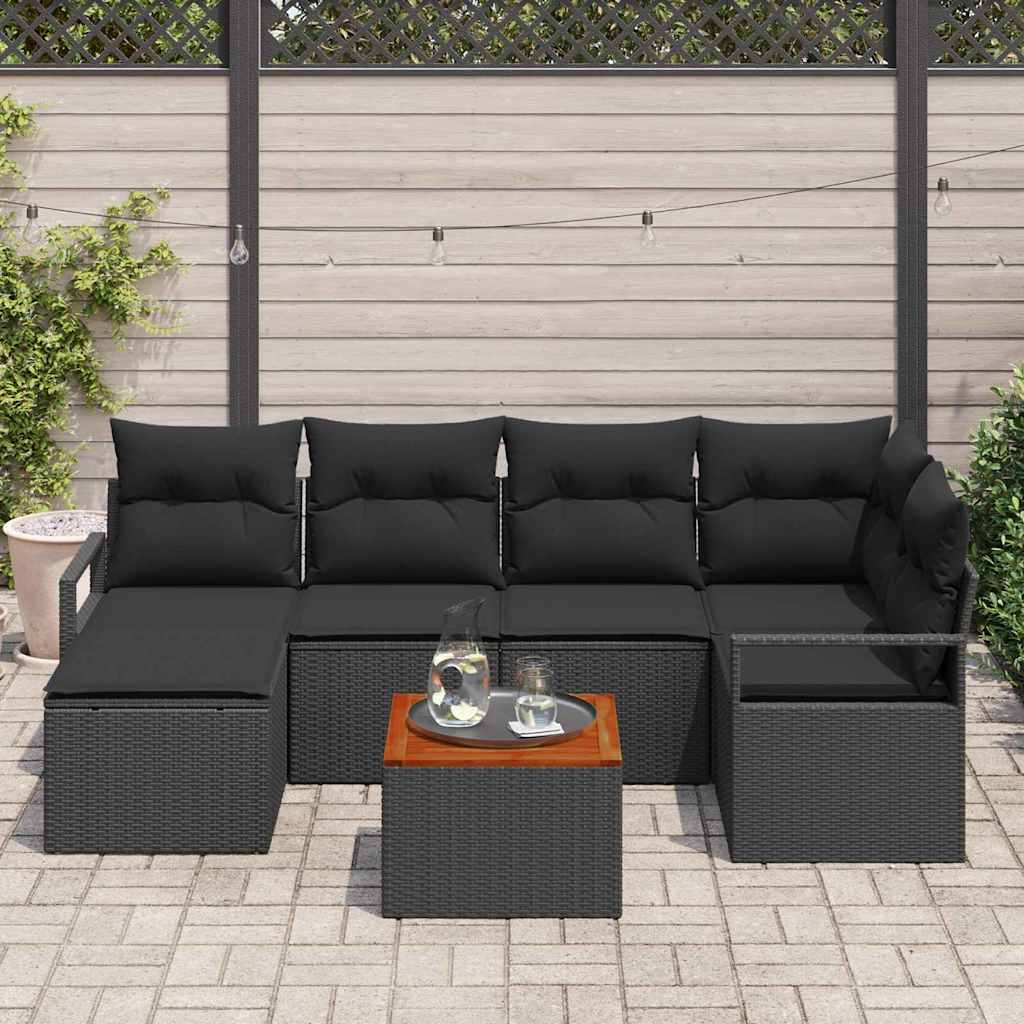 Garten-Sofa-Set mit Kissen 7 pcs Schwarz Poly Rattan
