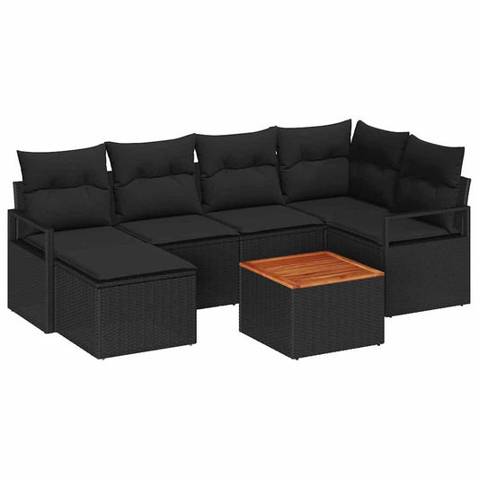 Garten-Sofa-Set mit Kissen 7 pcs Schwarz Poly Rattan
