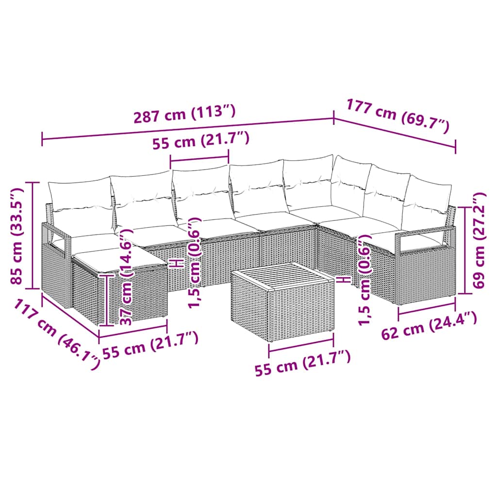 Garten-Sofa-Set mit Kissen 9 pcs Schwarz Poly Rattan
