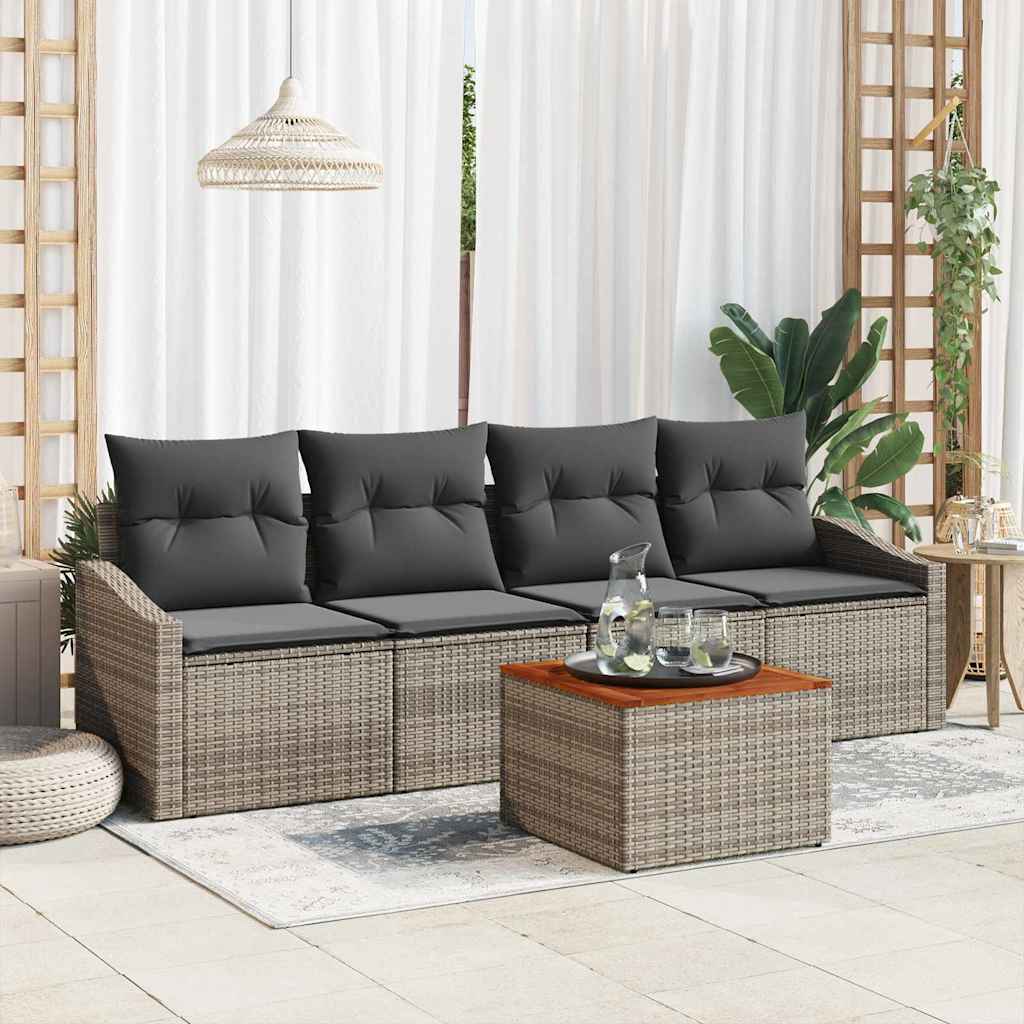 Garten-Sofa-Set mit Kissen 5 pcs Grau Poly Rattan