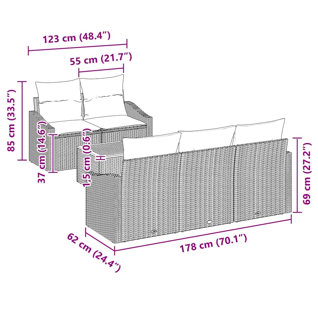 Garten-Sofa-Set mit Kissen 6 pcs Grau Poly Rattan