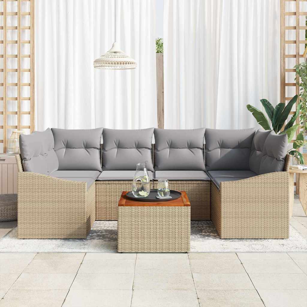 Garten-Sofa-Set mit Kissen 7 pcs Beige Poly Rattan
