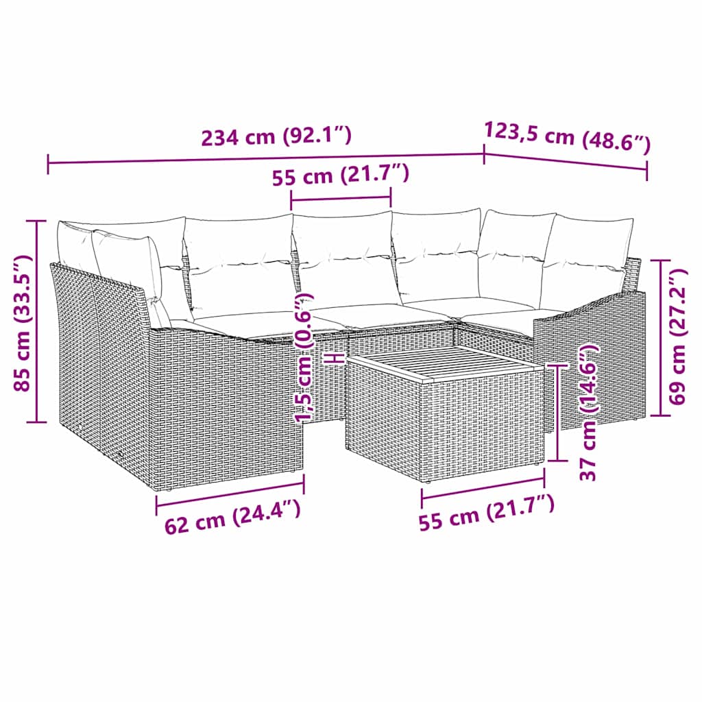 Garten-Sofa-Set mit Kissen 7 pcs Schwarz Poly Rattan