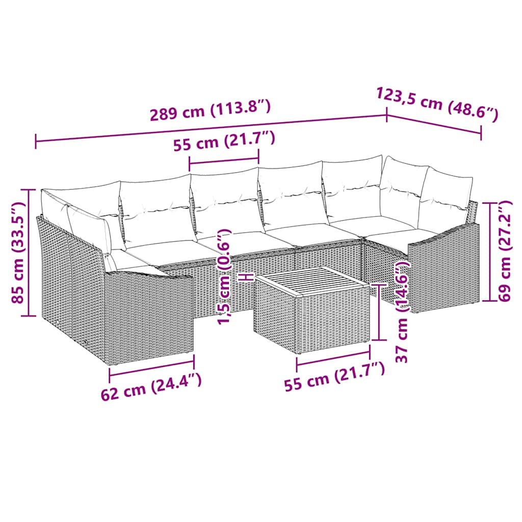 Garten-Sofa-Set mit Kissen 8 pcs Schwarz Poly Rattan