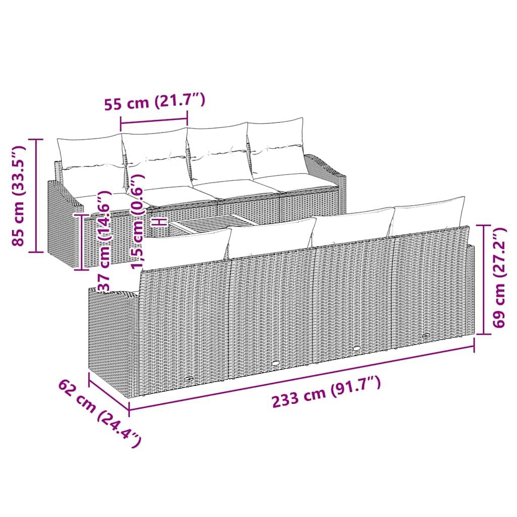Garten-Sofa-Set mit Kissen 9 pcs Grau Poly Rattan