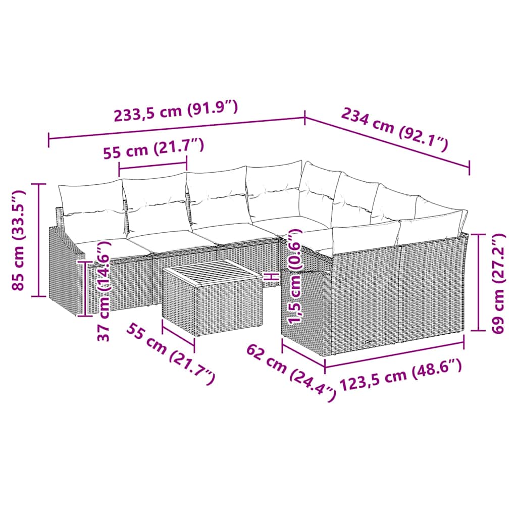 Garten-Sofa-Set mit Kissen 9 pcs Grau Poly Rattan