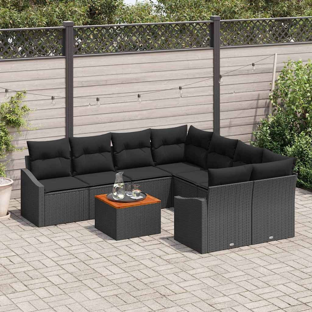 Garten-Sofa-Set mit Kissen 9 pcs Schwarz Poly Rattan