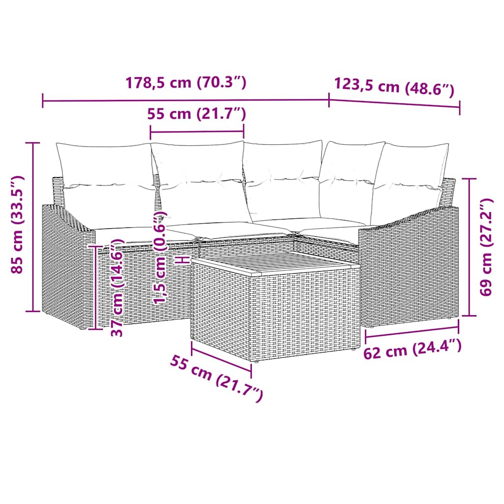 Garten-Sofa-Set mit Kissen 5 pcs Schwarz Poly Rattan