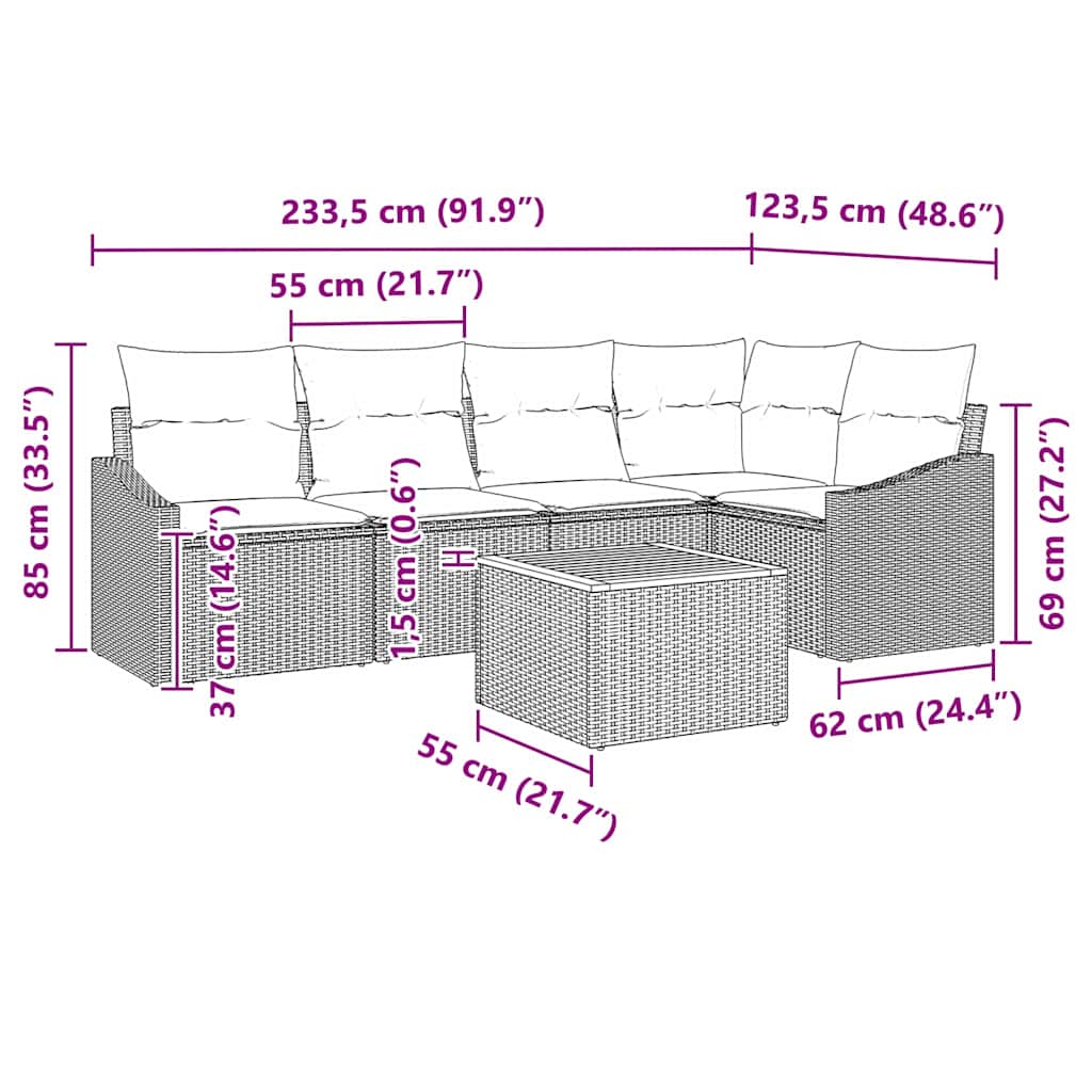 Garten-Sofa-Set mit Kissen 6 pcs Schwarz Poly Rattan