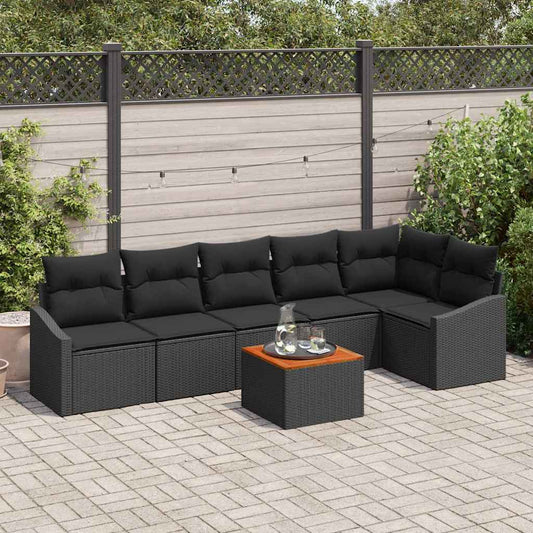 Garten-Sofa-Set mit Kissen 7 pcs Schwarz Poly Rattan