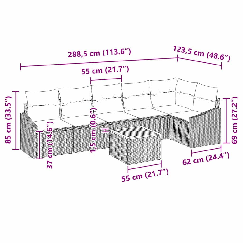Garten-Sofa-Set mit Kissen 7 pcs Schwarz Poly Rattan