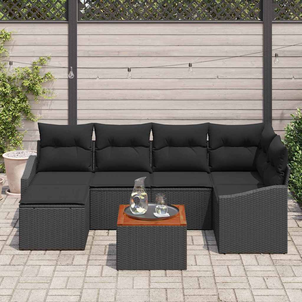 Garten-Sofa-Set mit Kissen 7 pcs Schwarz Poly Rattan