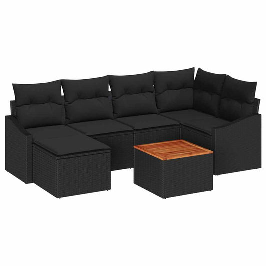 Garten-Sofa-Set mit Kissen 7 pcs Schwarz Poly Rattan