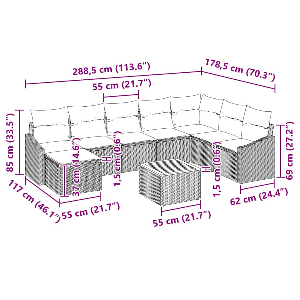 Garten-Sofa-Set mit Kissen 9 pcs Grau Poly Rattan