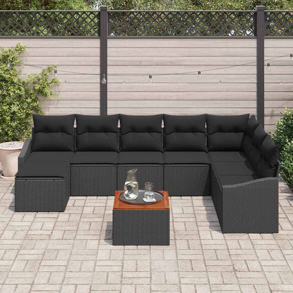 Garten-Sofa-Set mit Kissen 9 pcs Schwarz Poly Rattan