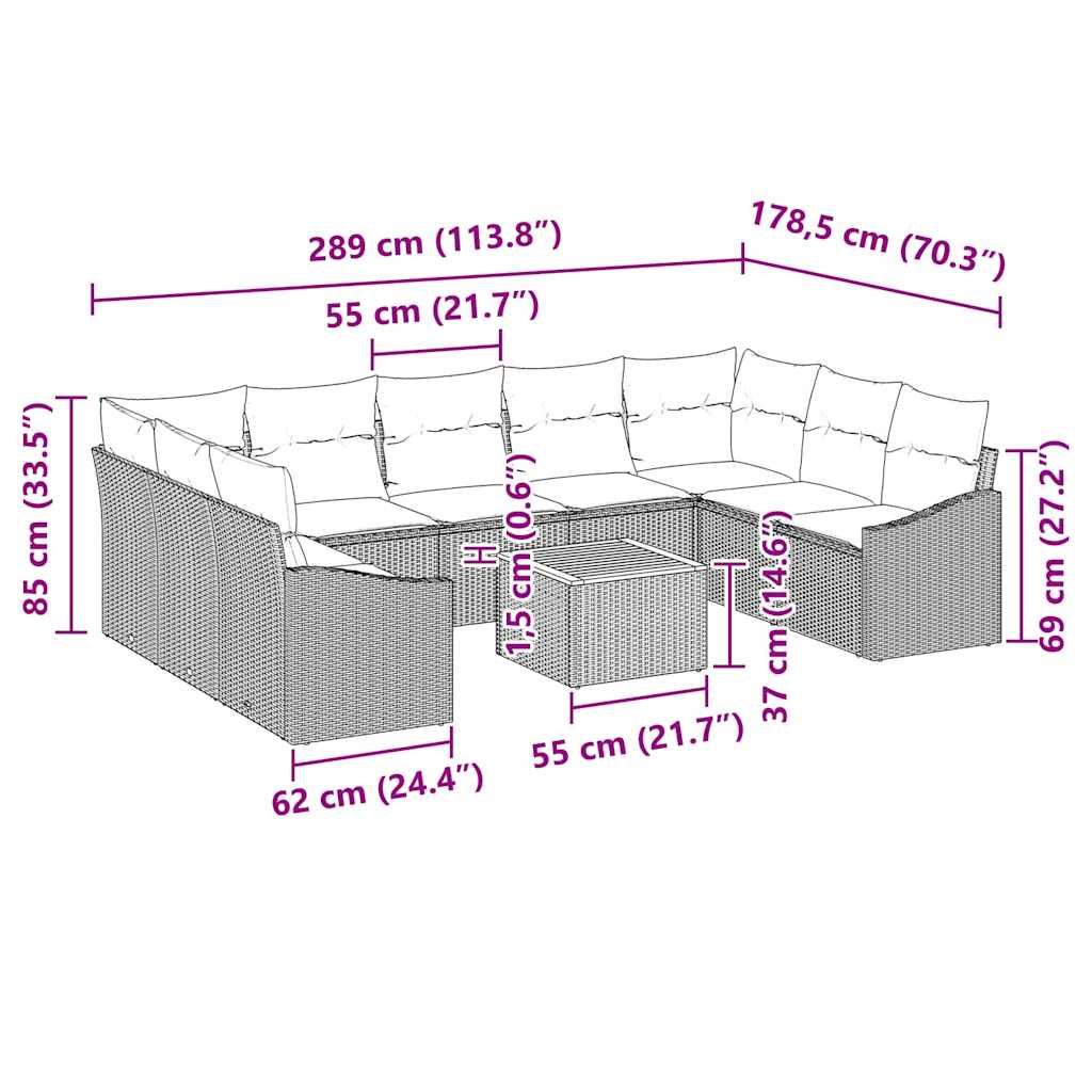 Garten-Sofa-Set mit Kissen 10 pcs Schwarz Poly Rattan