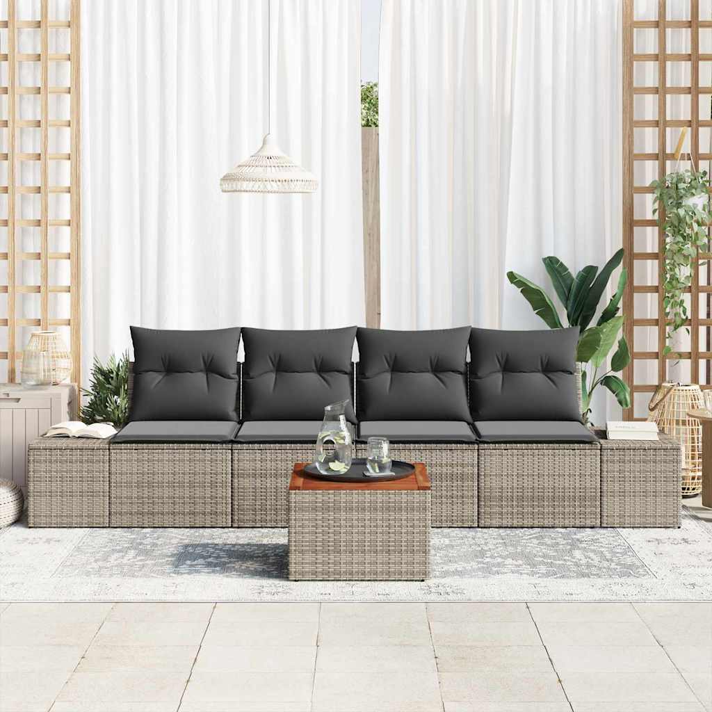 Garten-Sofa-Set mit Kissen 5 pcs Grau Poly Rattan