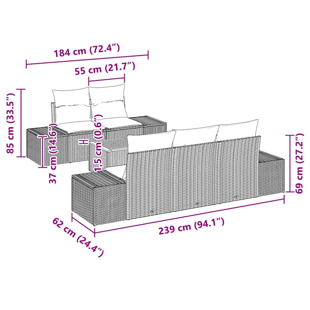 Garten-Sofa-Set mit Kissen 6 pcs Schwarz Poly Rattan