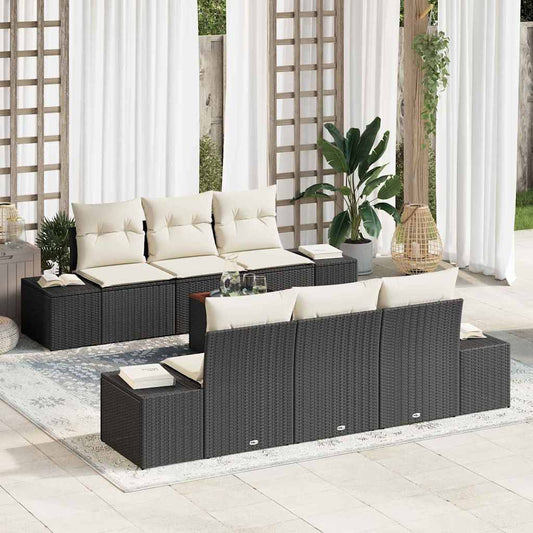 Garten-Sofa-Set mit Kissen 7 pcs Schwarz Poly Rattan