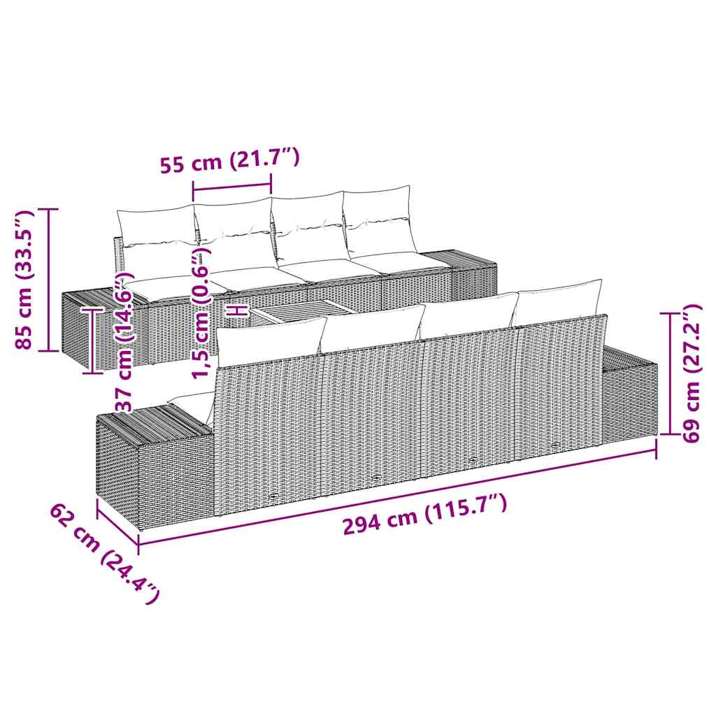 Garten-Sofa-Set mit Kissen 9 pcs Grau Poly Rattan