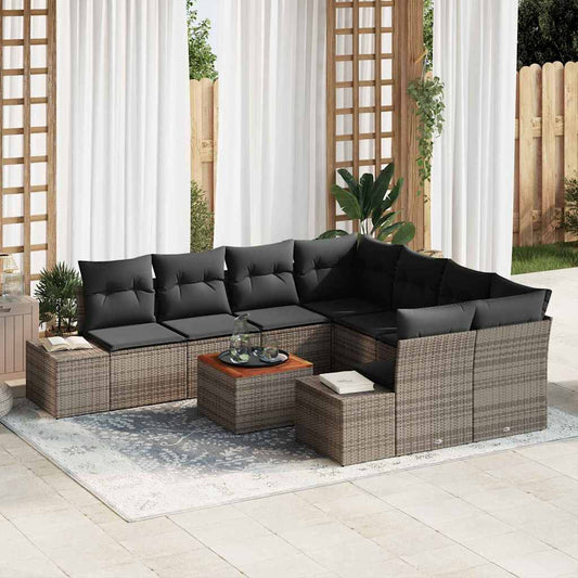 Garten-Sofa-Set mit Kissen 9 pcs Grau Poly Rattan
