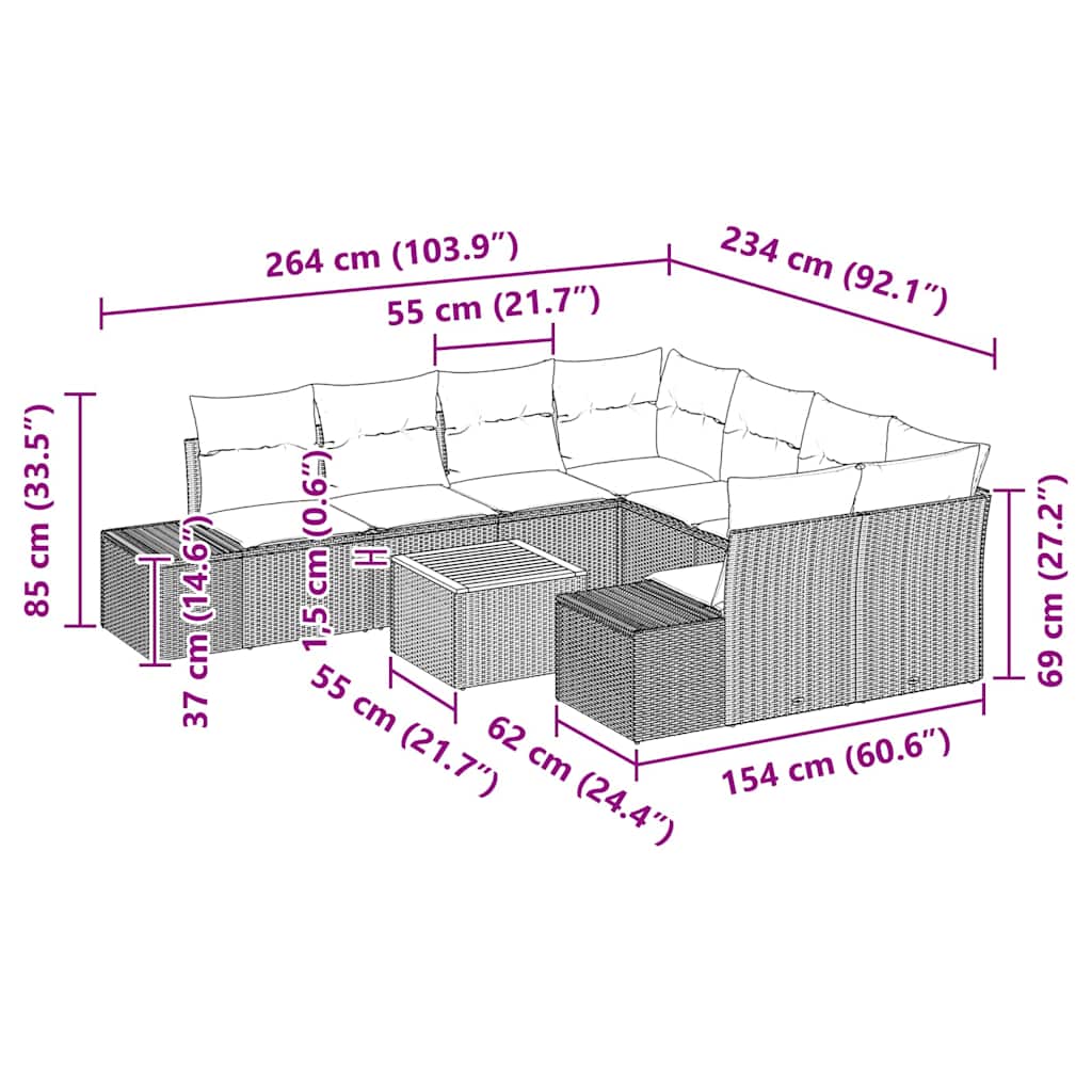 Garten-Sofa-Set mit Kissen 9 pcs Schwarz Poly Rattan