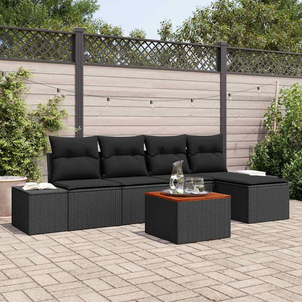 Garten-Sofa-Set mit Kissen 6 pcs Schwarz Poly Rattan