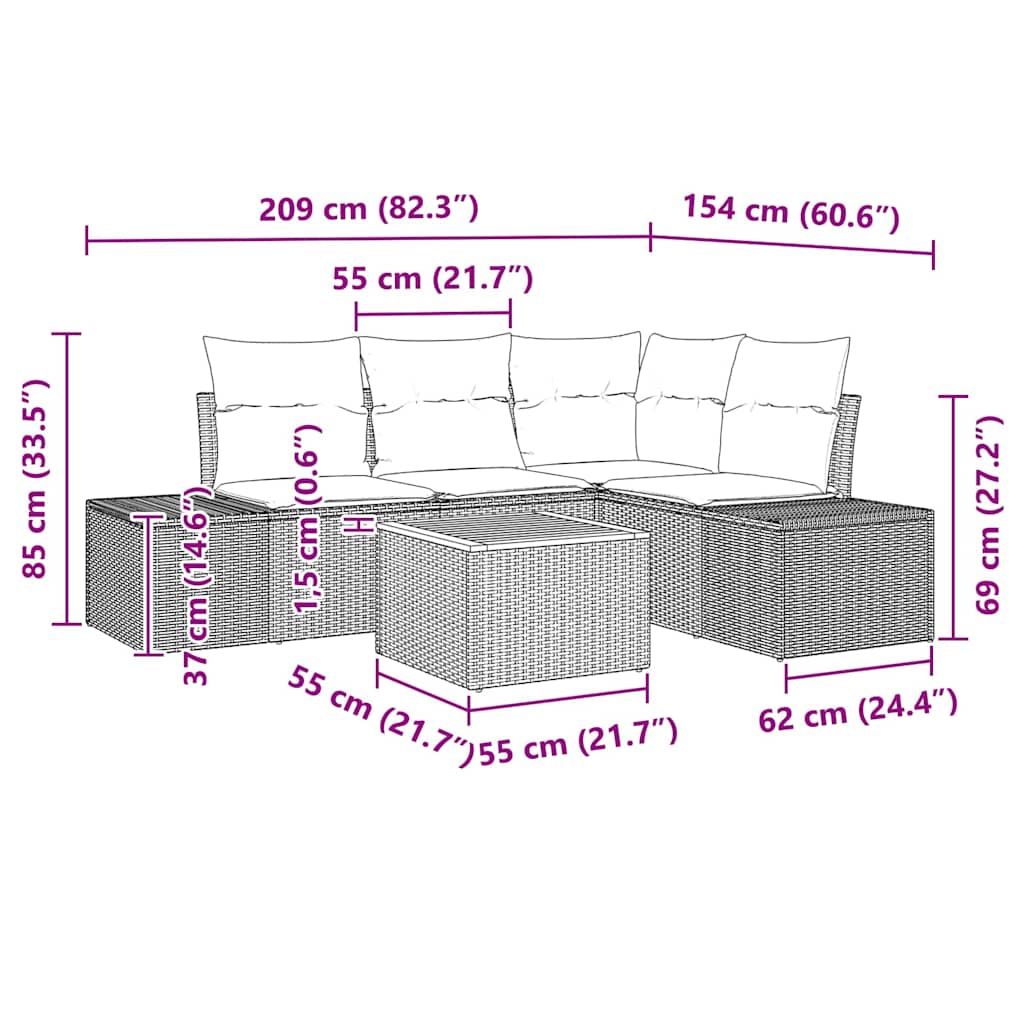 Garten-Sofa-Set mit Kissen 5 pcs Grau Poly Rattan