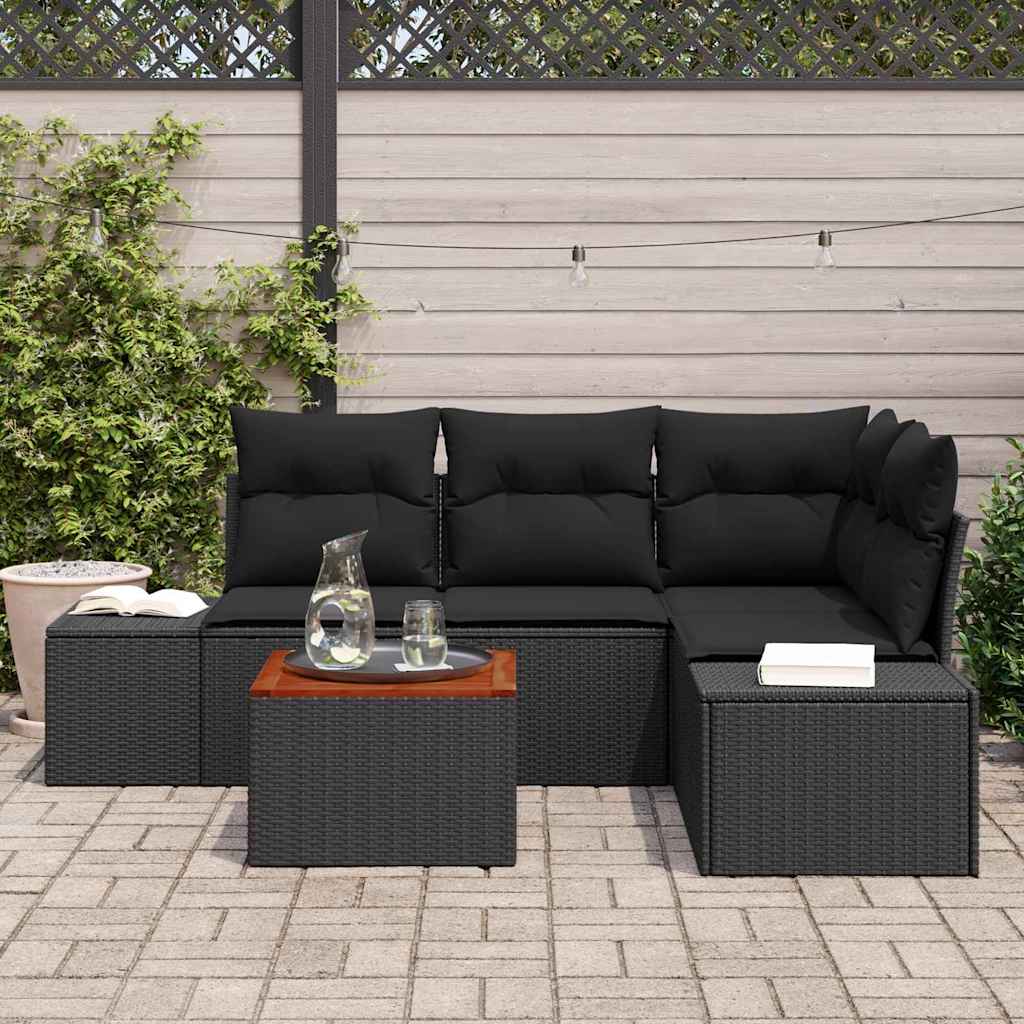 Garten-Sofa-Set mit Kissen 5 pcs Schwarz Poly Rattan