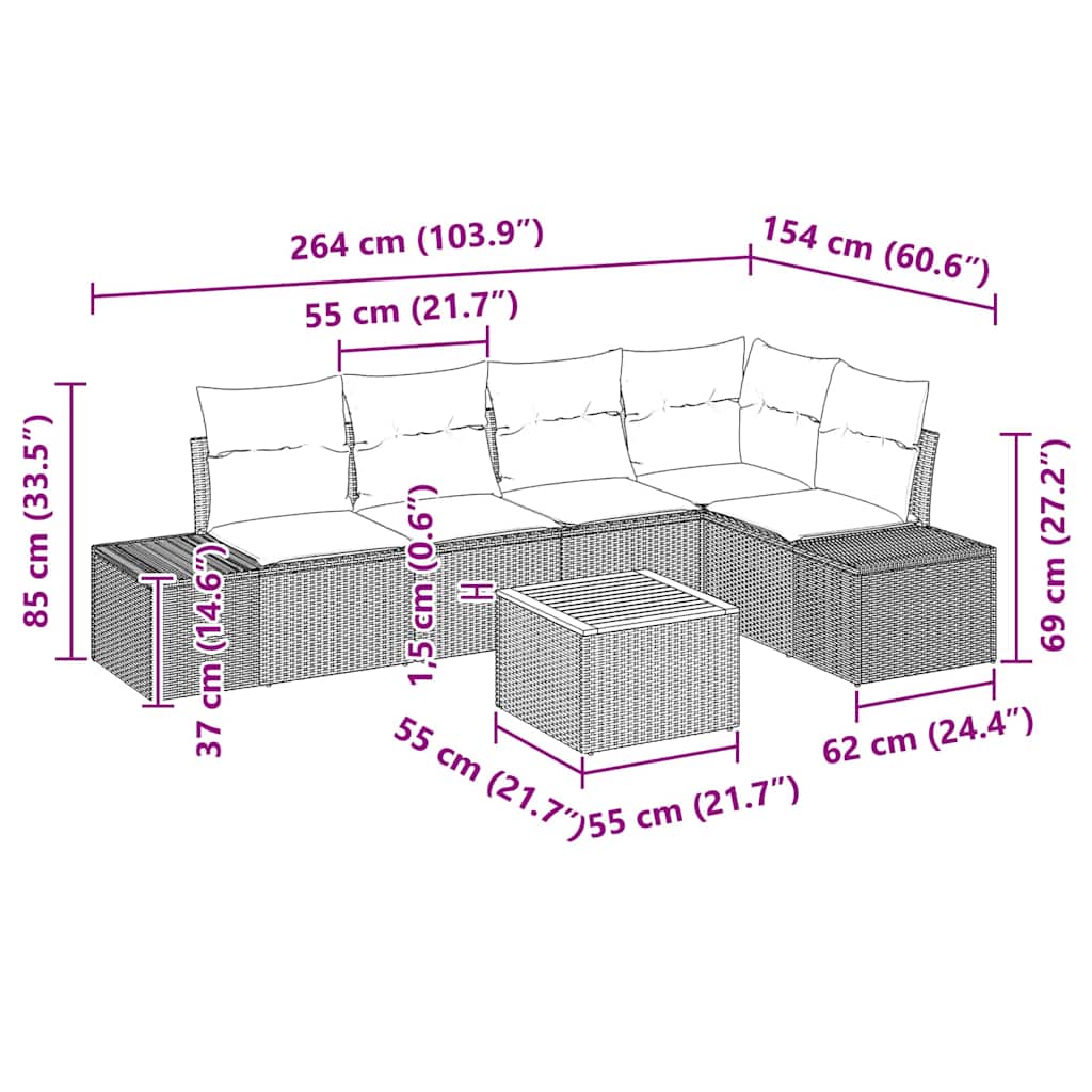 Garten-Sofa-Set mit Kissen 6 pcs Schwarz Poly Rattan