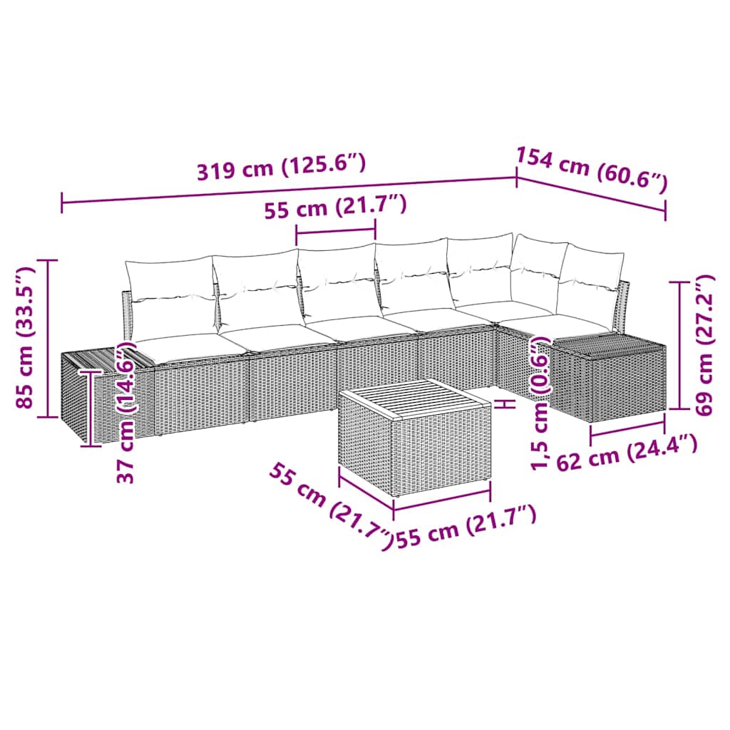 Garten-Sofa-Set mit Kissen 7 pcs Beige Poly Rattan