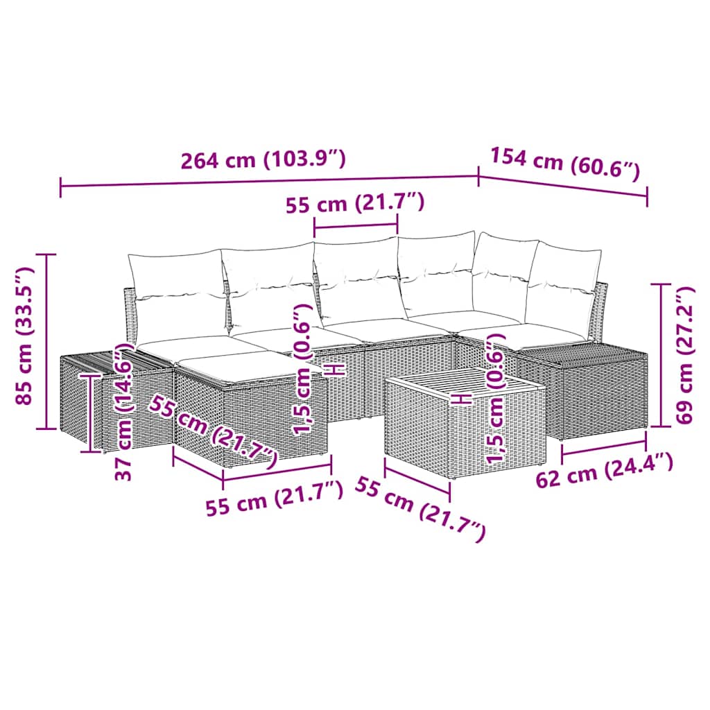 Garten-Sofa-Set mit Kissen 7 pcs Grau Poly Rattan