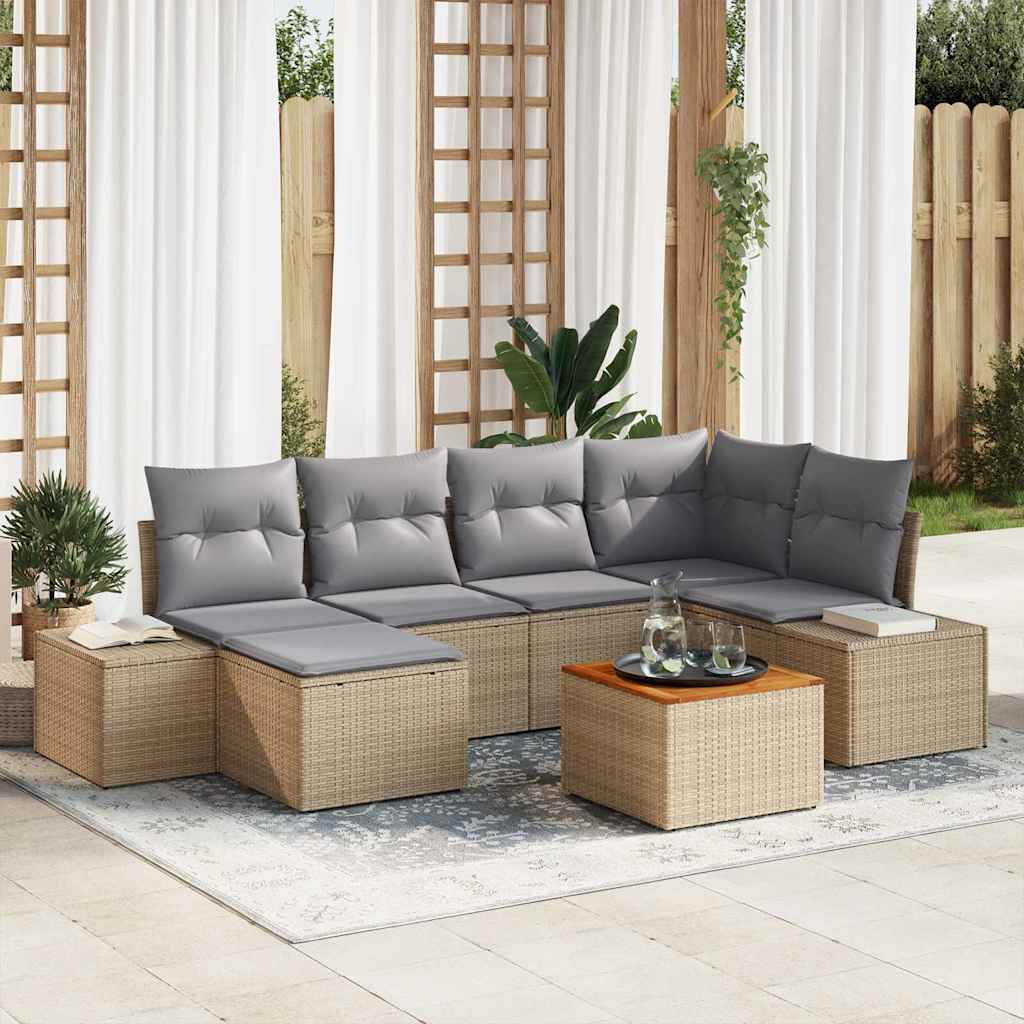 Garten-Sofa-Set mit Kissen 7 pcs Beige Poly Rattan