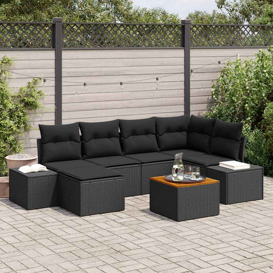 Garten-Sofa-Set mit Kissen 7 pcs Schwarz Poly Rattan