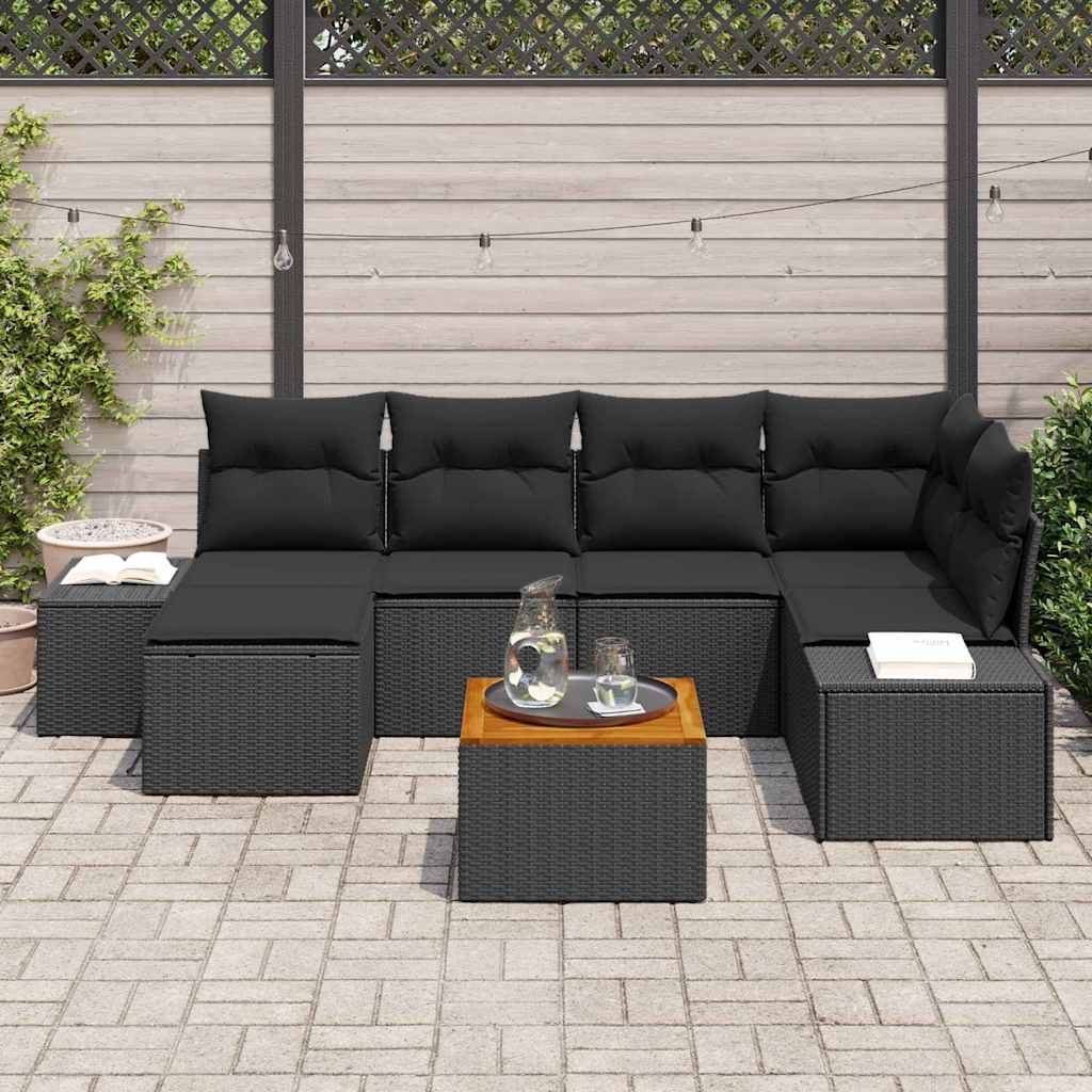 Garten-Sofa-Set mit Kissen 7 pcs Schwarz Poly Rattan