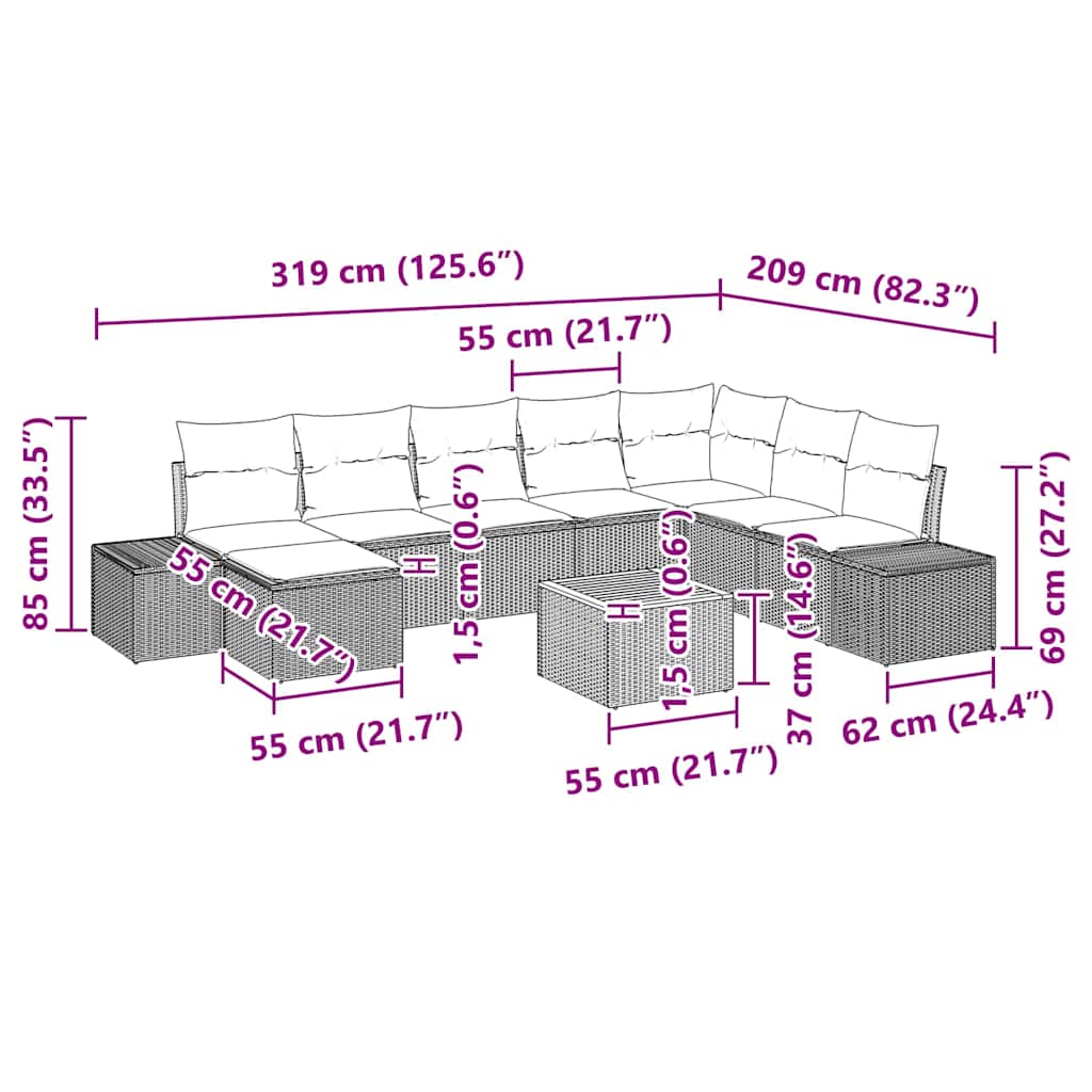 Garten-Sofa-Set mit Kissen 9 pcs Grau Poly Rattan