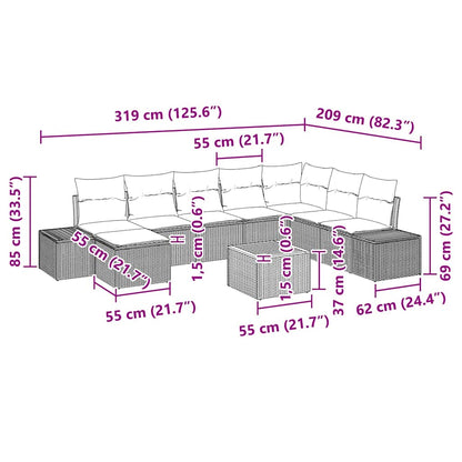 Garten-Sofa-Set mit Kissen 9 pcs Grau Poly Rattan
