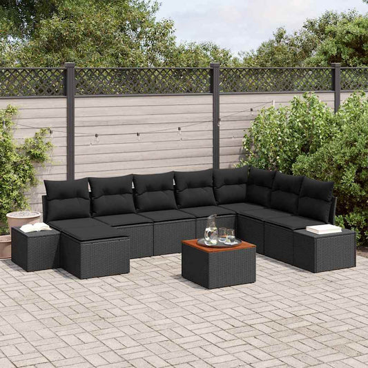 Garten-Sofa-Set mit Kissen 9 pcs Schwarz Poly Rattan